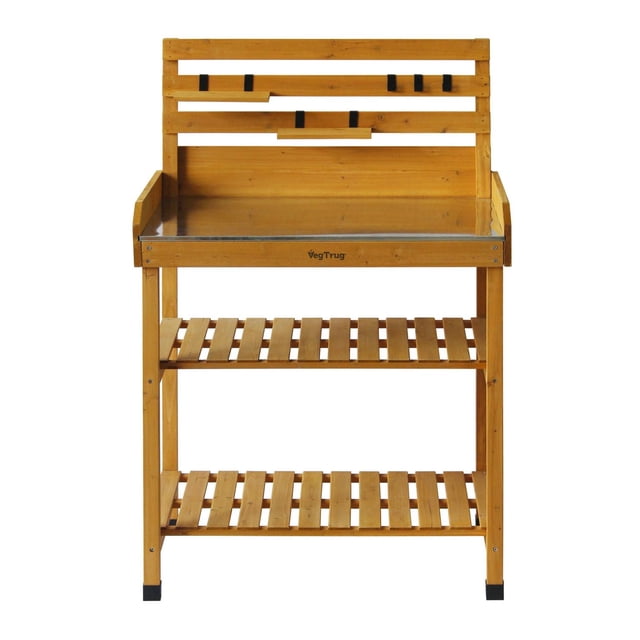 VegTrug Potting Table with stainless steel top and wooden frame featuring two slatted lower shelves, a back panel with tool hooks and small shelves, ideal for organized outdoor gardening and potting tasks.