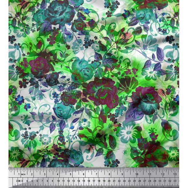 Soimoi Tissu Popeline de Coton Imprimé Feuilles et Fleurs de Rose, Tissu au Mètre, 56 Pouces de Large