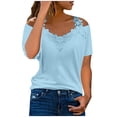 thumbnail image 2 of LSLJS T-Shirts en Dentelle à Épaules Dénudées pour Femmes Été Col en V Décontracté Patchwork Uni Manches Courtes Hauts, 2 of 9