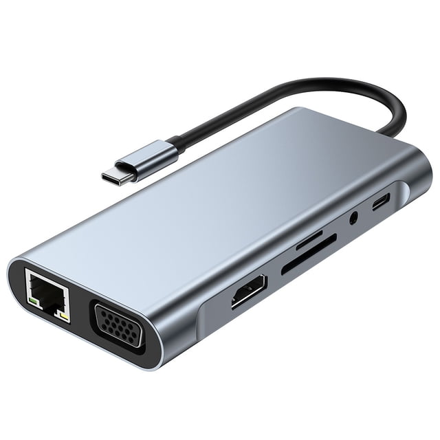 axGear 11-in-1 USB C Hub in a sleek silver finish, offering 4 USB 3.0 ports, HDMI with 4K video output, VGA, SD and MicroSD card slots, LAN, 3.5mm jack, and a USB-C power delivery port. Supports 5Gbps data transfer and is compact for travel, suitable for laptops and USB-C devices.
