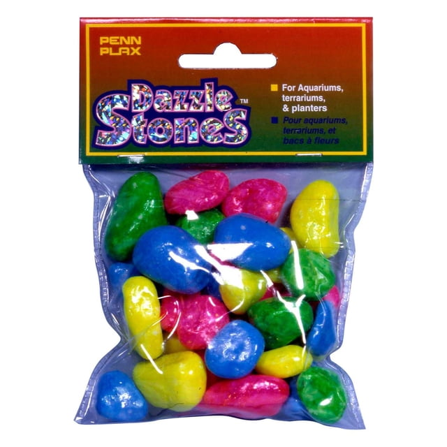 Penn-Plax Dazzle Stones multi-colored aquarium stones in a clear plastic bag with a red and green header card, containing smooth, glossy stones in blue, yellow, green, and pink, ideal for aquarium décor, terrariums, and planters.