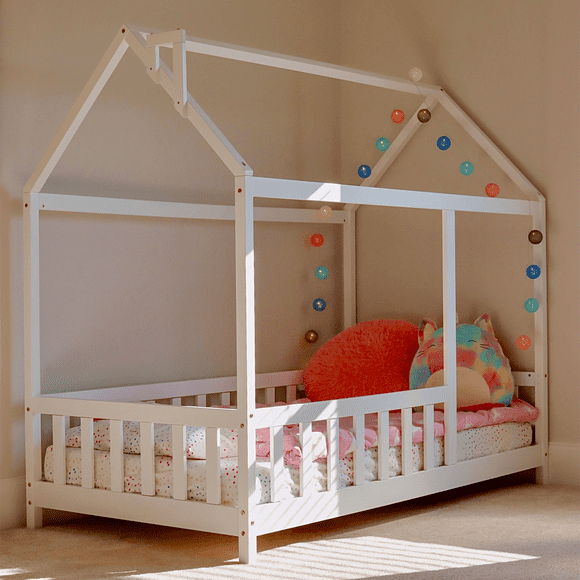 MIMI BEDS ARY Montessori Toddler House Floor Bed with 12 Educational Posters, Double, White