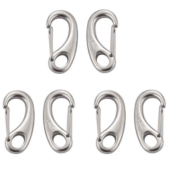 6PCS Boat Marine Stainless Steel Egg Shape Spring Snap Hook Clips Quick Carabiner Outdoor Buckle. The set includes six silver egg-shaped spring hooks made of 316 stainless steel, each measuring 50mm. These corrosion-resistant and durable carabiners have a maximum strength of 300kg and are suitable for keys, outdoor saloon ropes, camping, hiking, mountaineering, and other outdoor activities. The hooks feature a smooth finish and a secure spring mechanism.