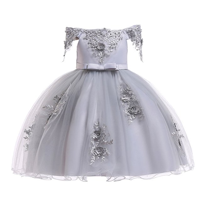 Penkiiy Toddler Girls Net Yarn Mesh Bow Ruffles Birthday Party Gown Long Dresses 6-7 Years Gray