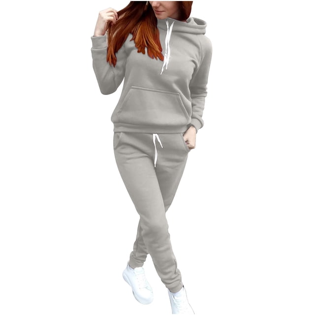 Timegard Ensembles 2 Pcs pour Femmes, Chandail à Capuchon à Cordon, Manches Longues, Chandail Molletonné à Enfiler, Pantalon de Survêtement à Bas Resserré avec Poches