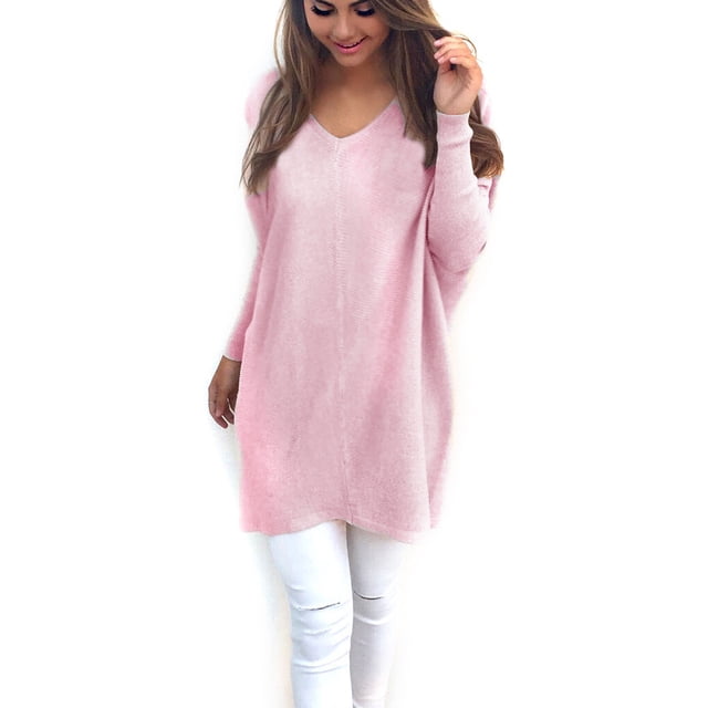 Solid V-neck Sweater Skin Friendly Autumn Sweaters Fashionable Long-sleeve Pullovers Portable Winter Tops Loose Blouse Girls Pink L