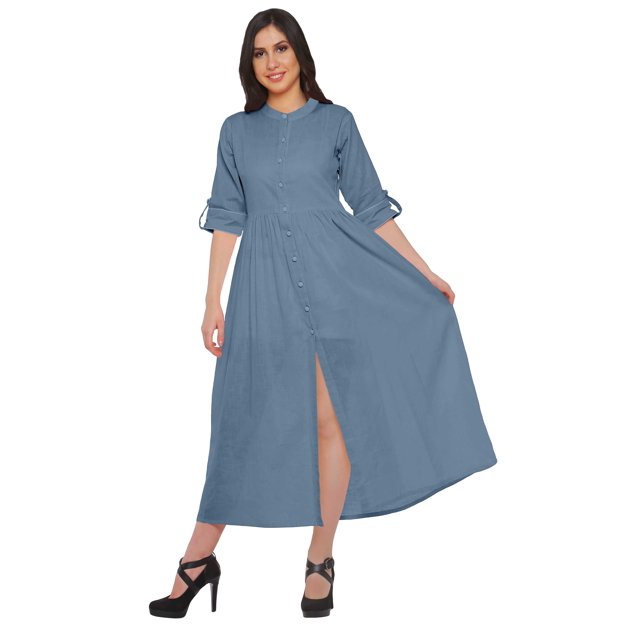 Moomaya Long Button Down Shirts For Women Front Slit A-Line Kurtis Summer Kurta