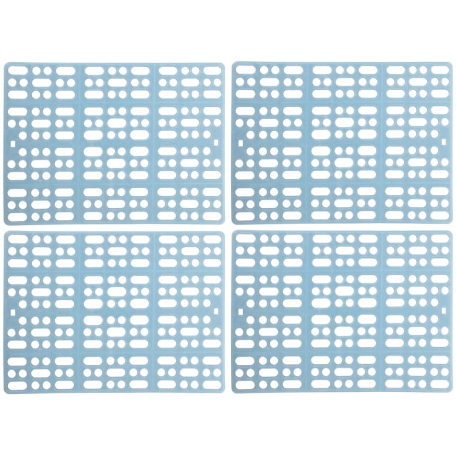 4Pcs Durable and Safe Material Cage Resting Mat for Rabbits Sky-blue plastic interlocking mats set, centered top-down view showing four rectangular perforated panels (33.5 x 24.5 x 0.2 cm each) with hollow grid holes to allow urine and feces to pass through, visible spliceable edges for cutting and joining, smooth molded surface on white background; often used as cage floor liners or temporary pet play-area pads.
