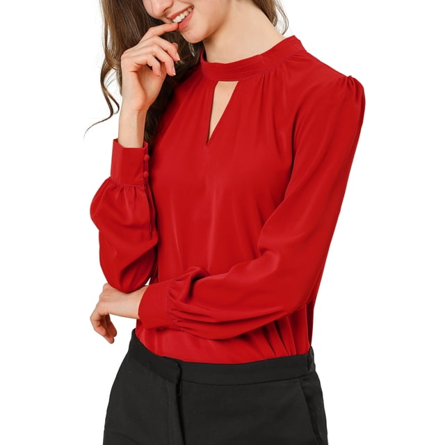 INSPIRE CHIC Women's Keyhole Stand Collar Pleated Back Button Blouse Tops