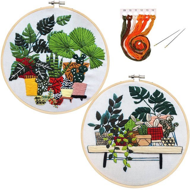 Coofit 2PCS Estampillé Broderie Kit DIY Plante en Pot Broderie Starter Kit Point de Croix