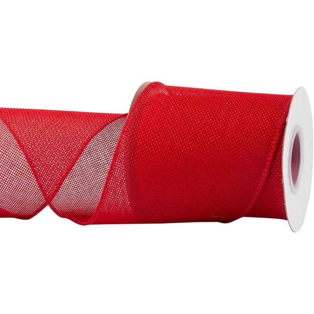 Joycrosso Burlap Wired Edge Ribbon, 4 inches wide and 10 yards long, in vibrant red color. Made from faux jute material with soft iron wire edges for easy shaping. Ideal for crafting, gift wrapping, wreaths, Christmas tree decorations, and rustic wedding decor. Features a durable, weather-resistant, and colorfast design.