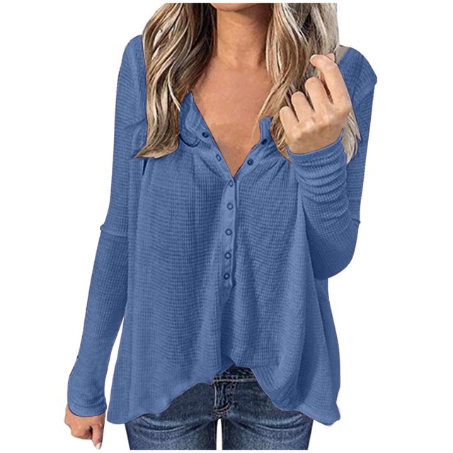 Yuyuzo Womens Long Sleeve Fall Tops Half Button V Neck Loose Fitted Shirts Comfy Textured Blouses