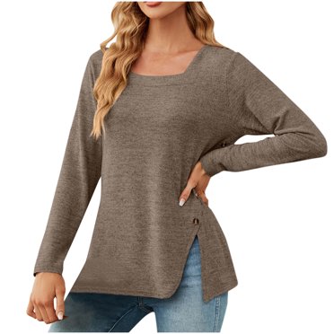 Amzcrzy Hauts Basiques pour Femmes Décontractés Unis à Manches Longues T-Shirt Col Ras du Cou avec Fente Latérale Chandail Ample Tunique Chandail Hauts