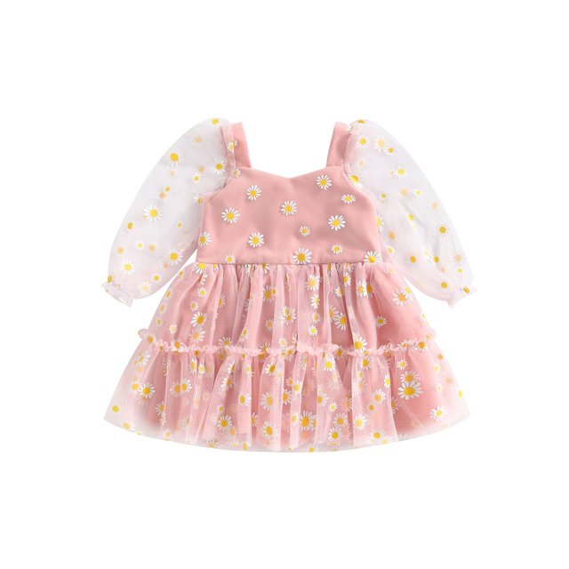 Fortune Robe Trapèze Princesse pour Bébé Fille Manches Longues en Maille Tulle Robe à Imprimé Marguerites