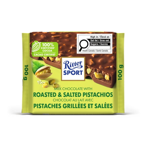 Ritter Sport Milk Chocolate with Roasted & Salted Pistachios with Tree Nuts, Milk, 100 G