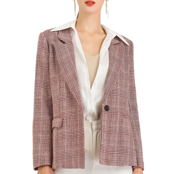 INSPIRE CHIC Women's Blazers Notched Lapel Long Sleeve One Button Plaid Blazer Burgundy L