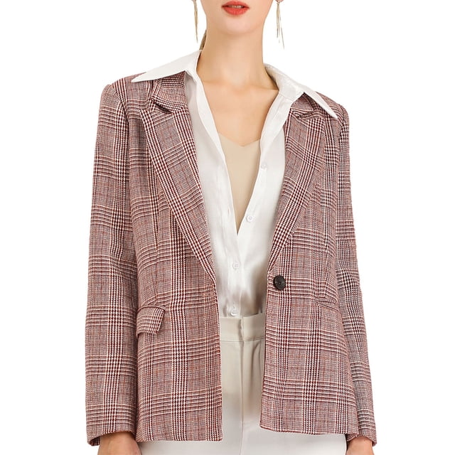 INSPIRE CHIC Blazers pour Femmes Revers Cranté Manches Longues un Bouton Blazer à Carreaux Bourgogne P