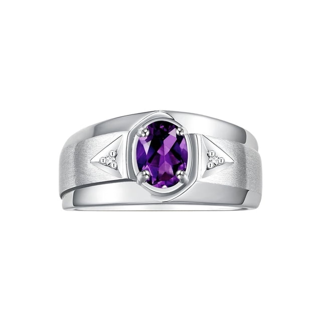 RYLOS Men's Rings Sterling Silver Classic 7X5MM Oval Gemstone & Diamond Ring Amethyst February Birthstone Rings For Men, Men's Rings, Silver Rings, Size 12