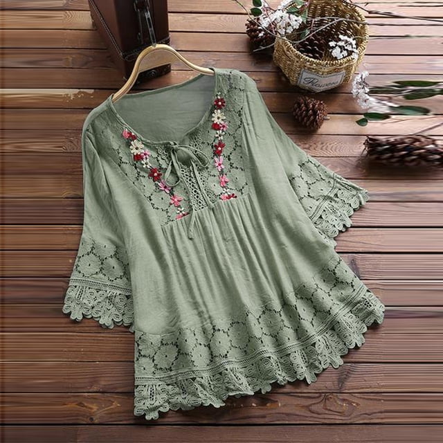 TIMIFIS T-Shirt pour Femmes à Col Rond, Manches Courtes 3/4, Imprimé Floral, Ourlet Asymétrique