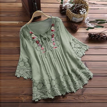 Japceit Women Vintage Lace Patchwork Bow V-Neck Three Quarter Blouses Top T-Shirt