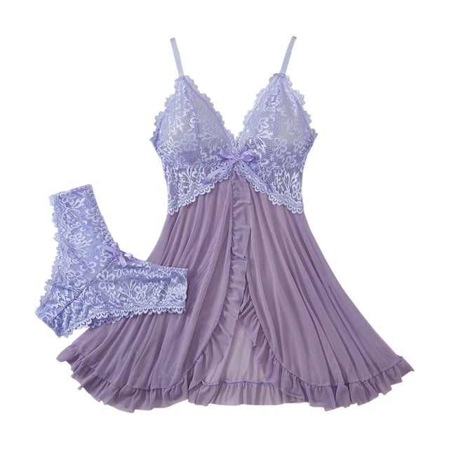 Fiaer , Ensembles de Nuisette à Volants à Col en V Profond Ouvert à l'Avant pour Femmes, Robe de Lingerie en Dentelle en Maille Transparente avec String 2 Pcs, Grande Taille Tendance à Bretelles Spaghetti Nuisette Tenue de Nuit Violet P