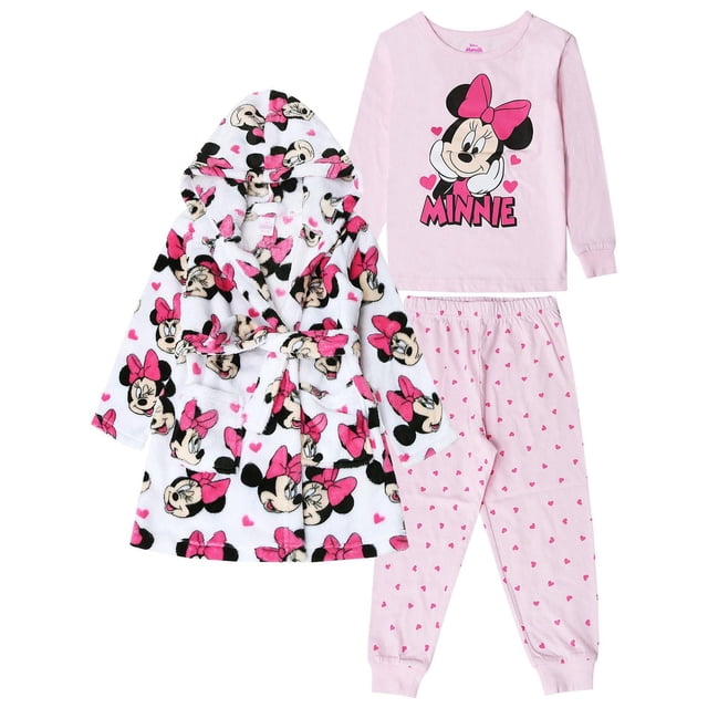 Minnie Mouse Ensemble de Pyjama Tricoté 3 Pcs pour Dormir - Tout-Petit avec un Haut Rose à Manches Longues Comprenant un Grand Graphique Minnie Mouse et des Cœurs, Pantalon Rose Assorti avec de Petits Imprimés de Cœurs, et une robe à Capuche Blanche Recouverte d'Un Imprimé Minnie Mouse Intégral avec des Nœuds Roses, Fabriqué en Coton Doux pour le Confort et la Respirabilité, Idéal pour l'Heure du Coucher Ou la Détente.