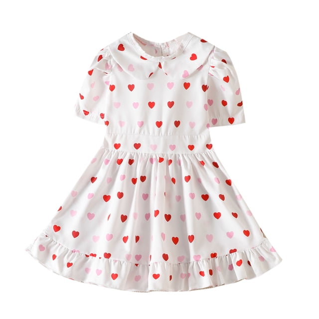 PMVFHDE Robe de la Saint-Valentin pour Fille, Imprimé de Cœurs, Robe de Princesse à Volants, Manches Courtes et Col Ras du Cou, Robe d'Été, Blanc, 3-4 Ans