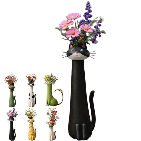 Vase Chat pour Fleurs Excentrique Artisanal en Résine Vase Chat en Forme Fantaisiste Mignon Porte-Fleurs Fait à la Main Drôle Déco de Bureau Étagère