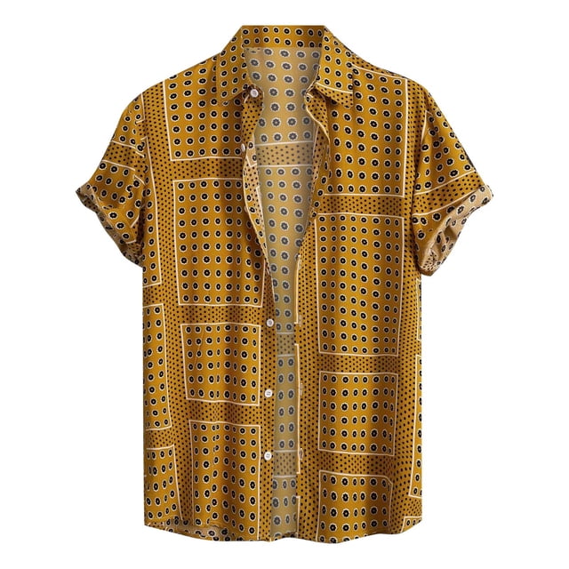 Cathalem Mens Beach Shirt Short Sleeve Button Down Shirts Big and Tall in yellow, size M. Made of lightweight polyester with a bold geometric pattern of dots and squares. Features a button closure and short sleeves, suitable for casual wear, men's dress shirts, or big and tall clothing for tropical vacations and beach outings.