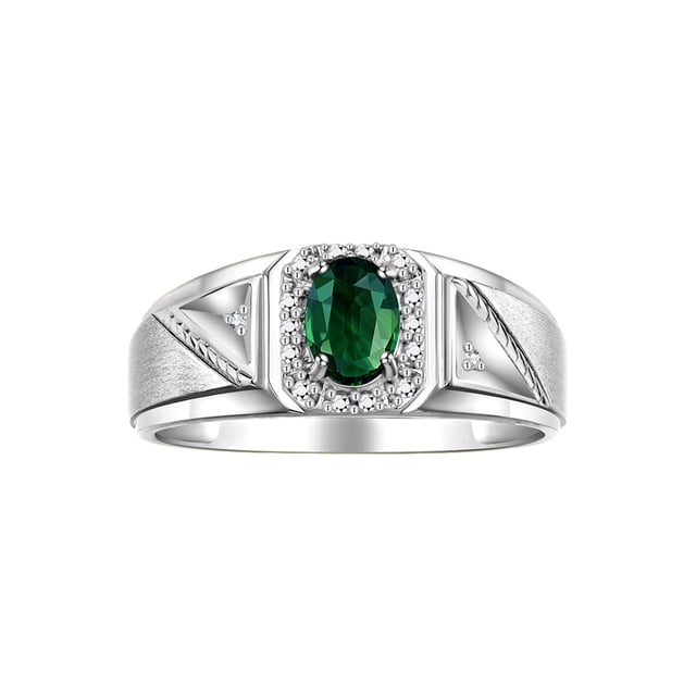 RYLOS Men's Rings 14K White Gold Classic 7X5MM Oval Gemstone & Diamond Ring Green Sapphire September Birthstone Rings For Men Size 9