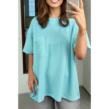FOLUNSI Vibrant Turquoise Knit Tee - Stylish Pockets, S-XL, Trendy Fit