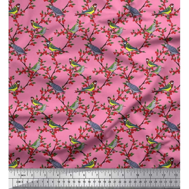 Soimoi Tissu en Satin de Soie Feuilles, Baies Rouges & Imprimé Perroquet au Mètre 42 Pouces de Large