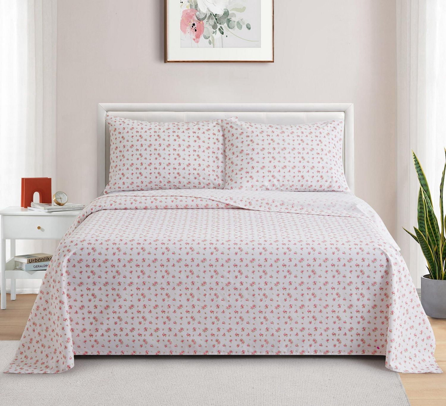 Literie Marina Décoration en percale de coton mélangé, douce et à poches profondes, 600 fils/cm², qualité hôtelière, motif floral rose.