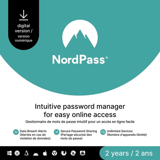NordPass Premium 2-Year Password Manager Software Subscription digital code with teal background and white mountain logo, highlighting intuitive password management, data breach alerts, secure password sharing, unlimited devices, and compatibility with Windows, macOS, Linux, Android, iOS, and major browsers.