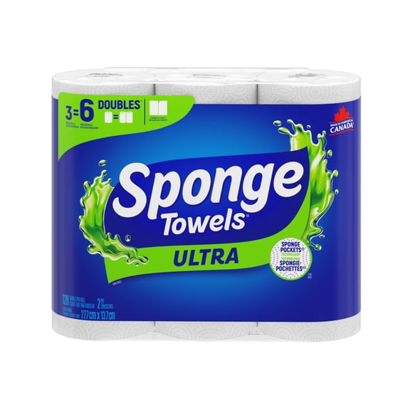 SpongeTowels Ultra Paper Towels, 3 Double Rolls = 6 Regular Rolls, 128 Sheets Per Roll
