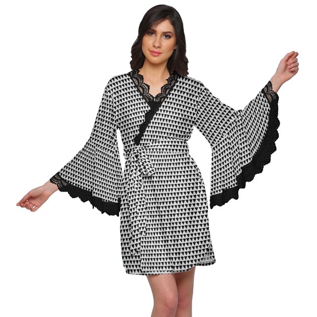 Moomaya Robe Courte Imprimée pour Mariée en Préparation, Manches Évasées, Peignoir, Portefeuille pour Femmes