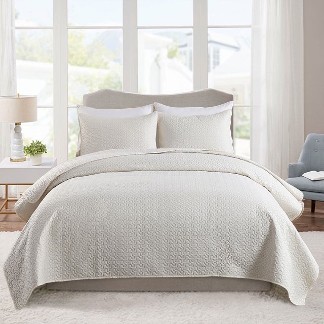 JML Quilt Set 3 Piece Microfiber Coverlet Shams Set, Soft Lightweight Queen, Cream