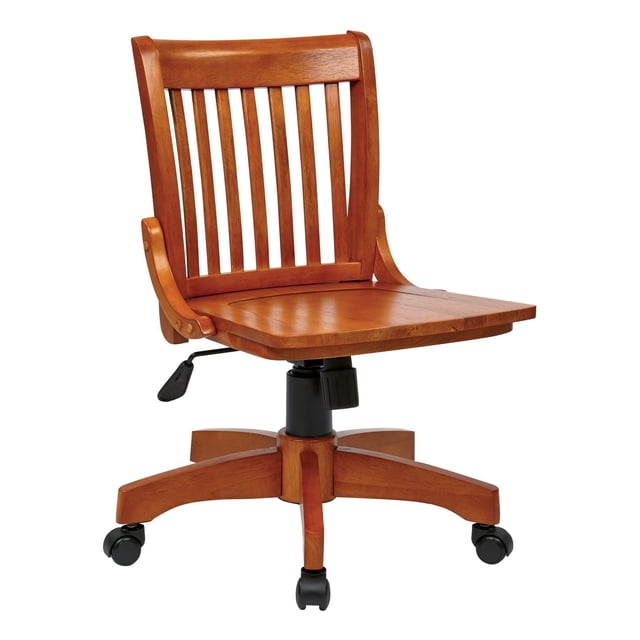 OSP Designs Deluxe Fruitwood Armless Bankers Chair with slatted wood backrest and flat wooden seat in fruitwood finish, featuring pneumatic seat height adjustment, locking tilt control with adjustable tension, and a wood-covered steel base on dual wheel carpet casters, ideal for home office use and suitable as a classic desk chair.