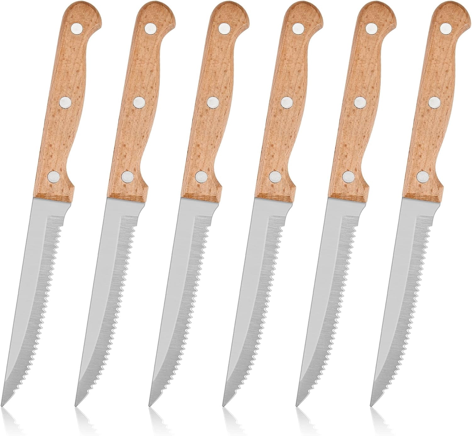 Steak Knife 6-Piece Set, Stainless Steel Serrated Sharp Dinner Kitchen Steak Knife with Wooden Handle for Home/Restaurant, Dishwasher Safe