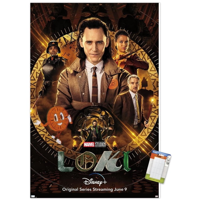 Marvel Loki - Affiche Murale sur une Feuille, 14,725 Pouces x 22,375 Pouces Encadrée Présentant Plusieurs Personnages de la Série Marvel Studios Loki dans une composition Centrée. la Figurine Principale Porte une Veste Brune avec un Emblème, Chemise Blanche et Cravate Rayée, Bras Croisés. les Personnages Environnants Incluent une Figurine en Armure Sombre, un Homme en Complet Brun Tenant une Torche et une Personne en Veste Rouge avec une Arme. l'Arrière-plan Montre un Motif Circulaire Doré avec