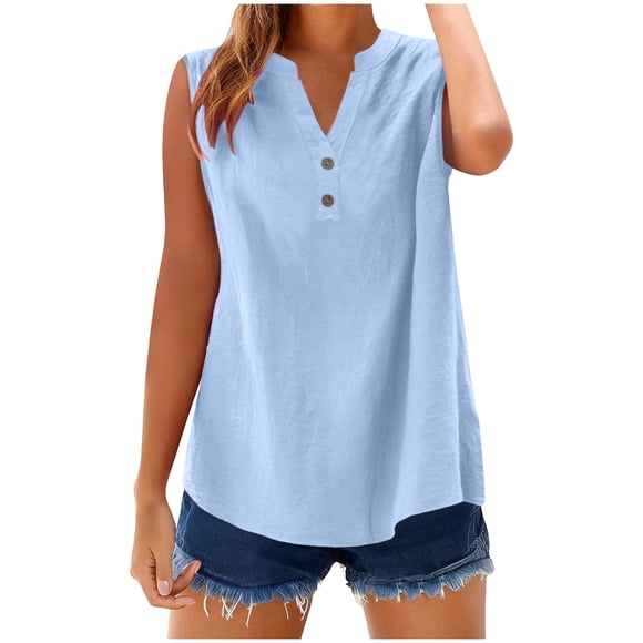 BLVB Womens Cotton Linen Tank Tops V Neck Casual Loose Cami Sleeveless Blouses Basic Shirt Summer Clothes Fashion Outfits