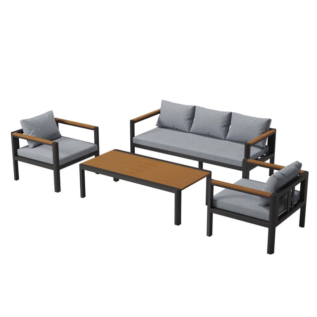 Ensemble Sectionnel de Patio en Aluminium Cannes, Gris Foncé, Ensemble de Mobilier de Patio Extérieur 4 Pcs avec un Causeuse Trois Places et Deux Fauteuils Simples Comprenant des Coussins Gris Foncé sur un Cadre en Aluminium Noir avec des Accoudoirs en Bois Plastique Couleur Teck, et une table Basse Rectangulaire avec un Dessus Couleur Teck, Conçu pour la Résistance aux Intempéries et un Assemblage Facile, Idéal pour patios, Vérandas Ou Terrasses.