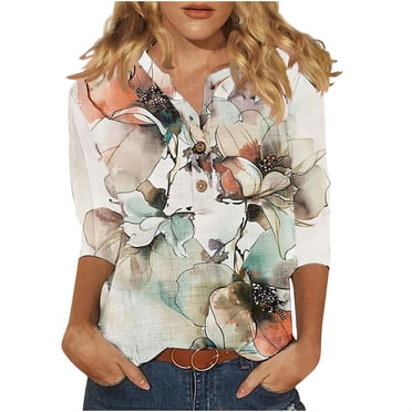UPPADA Économies d'Été pour Femmes, Blouse à Col en V, Manches 3/4, Boutonnée, Imprimé Floral, Hauts en Lin, Tenue Décontractée d'Été, Mode d'Été, T-Shirts Basiques en Coton et Lin, Coupe Ample, Chandails à Enfiler 2025 Gris, TG