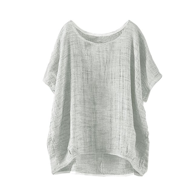 Hot Sale!!Women's Summer Short Sleeve Solid Casual Loose Linen Top