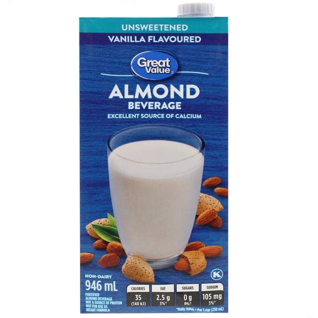 Great Value Almond Beverage unsweetened vanilla flavoured carton with a front view of a glass of almond milk surrounded by almonds and shells on a blue background, labeled non-dairy and fortified with calcium, containing 35 calories, 2.5g fat, 0g sugars, and 105mg sodium per 946 mL, suitable for pouring over cereal or adding to recipes.