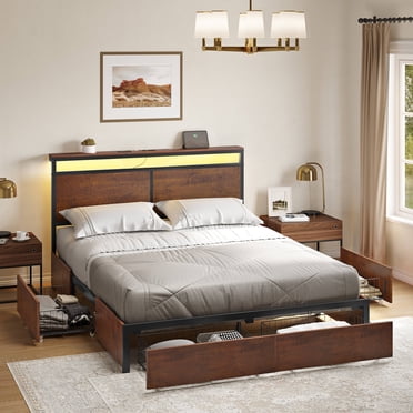 GUNAITO Queen Size Bed Frame with Headboard and 4 Storage Drawers LED Platform Bed Frame with Charging Station Rustic Brown
