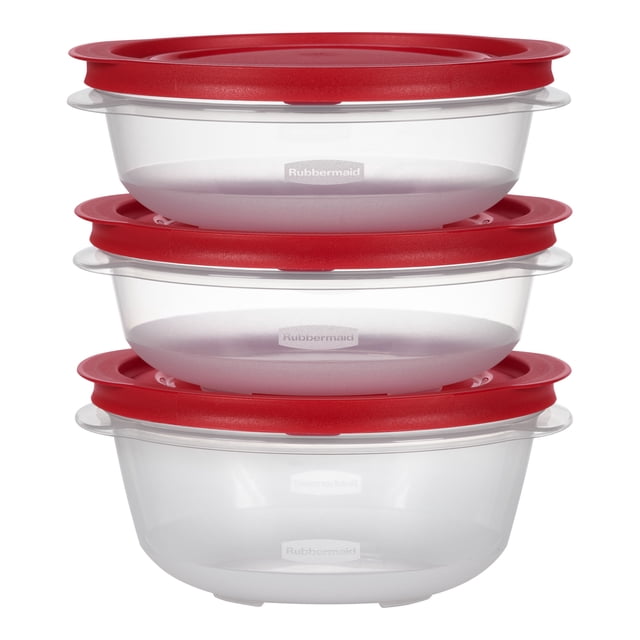 Rubbermaid 4.5-Cup (2) and 5.94-Cup EasyStore Round Food Storage Containers with Lids, 3 Pack Two 4.5-cup and one 5.94-cup round containers with ridged lids for stackable storage. Extended lip for easier carrying and SecureGrip lids for a tight seal; containers nest for compact pantry or fridge organization and are suitable for portioning lunches or taking to picnics.
