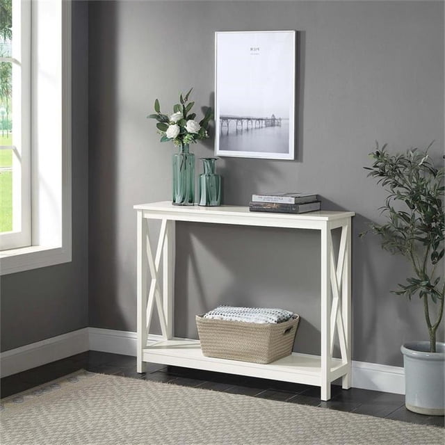 Pemberly Row Table Console Moderne avec Tablette, Fini Bois Ivoire