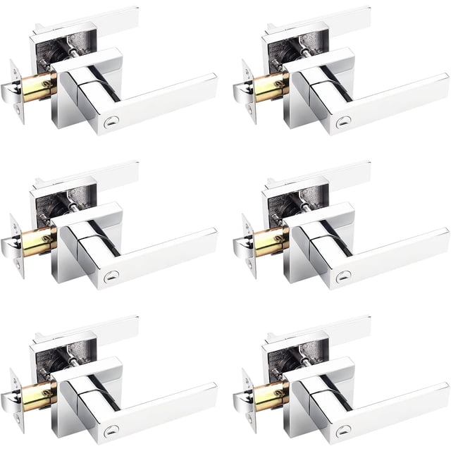 Square Privacy Door Levers Keyless Chrome Door Handle Indoor Door Handles Interior Bed/Bath Door Lever Handleset Reversible for Left Right Sided Doors