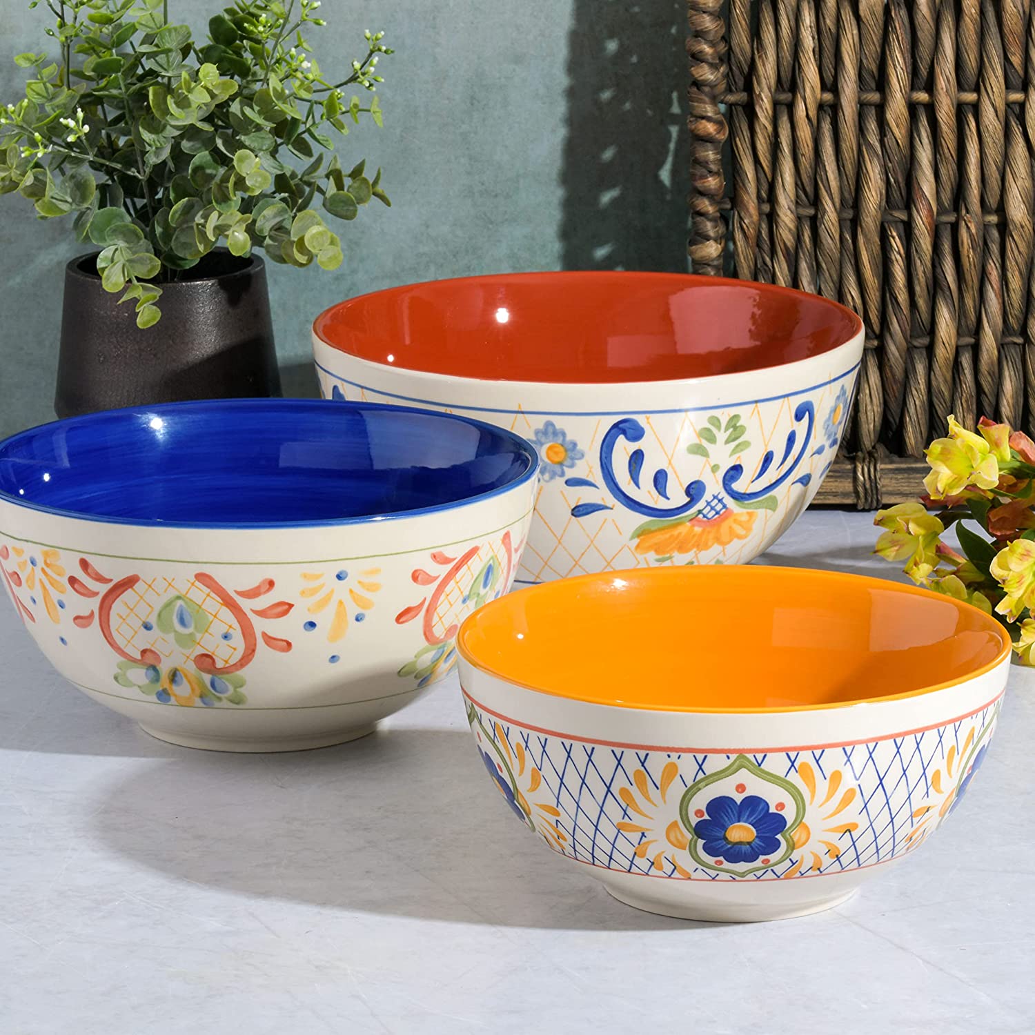 Laurie Gates Tierra 3 Piece Stoneware Hand Painted Nesting Bowl Set - 3 Assorted Designs